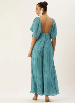 Blue N White Printed Pleated Georgette Jumpsuit Festive Wear After Six Wear -Mahra Clothing Shop Blue N White Printed Pleated Georgette Jumpsuit DRBS02211146 b