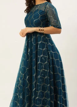 Teen Girls Blue Net Embroidered Floor Length Gown Wedding Wear