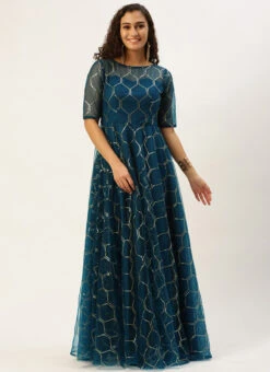 Teen Girls Blue Net Embroidered Floor Length Gown Wedding Wear -Mahra Clothing Shop Blue Net Embroidered Floor Length Gown IWBS02302319 u