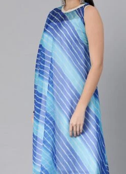 Blue Organza Printed Kaftan Dress Festive Wear