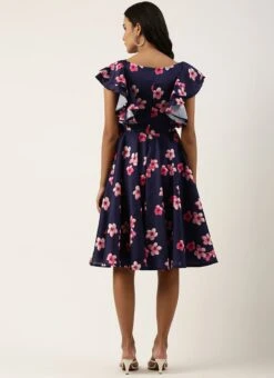 Blue Printed Art Silk Ruffled Dress Festive Wear -Mahra Clothing Shop Blue Printed Art Silk Ruffled Dress DRBS02205992 b