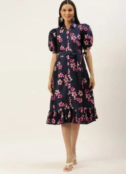 Blue Printed Art Silk Shirt Dress After Six Wear -Mahra Clothing Shop Blue Printed Art Silk Shirt Dress DRBS02205850 u