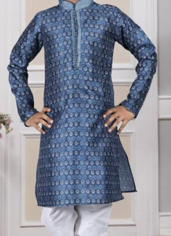 Blue Silk Printed Kurta Pyjama Party Wear