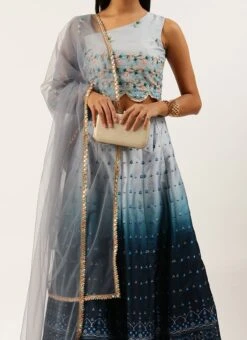 Teen Girls Blue Taffeta Digital Print Kali Lehenga Set Wedding Wear
