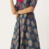 Blue Taffeta Jacquard Half Circular Dress Festive Wear