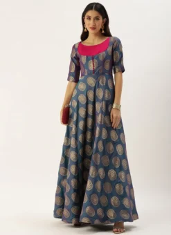Blue Taffeta Jacquard Half Circular Dress Festive Wear -Mahra Clothing Shop Blue Taffeta Jacquard Half Circular Dress DRBS02204663 u