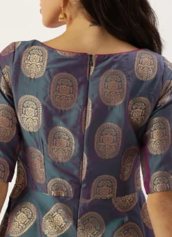 Blue Taffeta Jacquard Half Circular Dress Festive Wear -Mahra Clothing Shop Blue Taffeta Jacquard Half Circular Dress DRBS02204663 rrc2