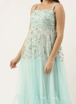 Teen Girls Blue Tiered Gathers Embroidered Gown Party Wear