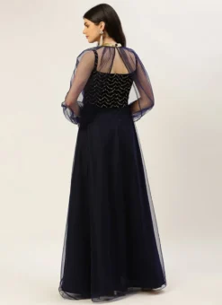 Blue Velvet Embroidered Dress With Cape Party Wear -Mahra Clothing Shop Blue Velvet Embroidered Dress With Cape DRBS02211229 b 1