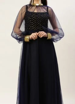 Blue Velvet Embroidered Dress With Cape Party Wear