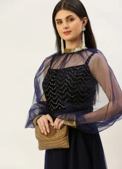 Blue Velvet Embroidered Dress With Cape Party Wear -Mahra Clothing Shop Blue Velvet Embroidered Dress With Cape DRBS02211229 rrc1 1