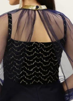 Blue Velvet Embroidered Dress With Cape Party Wear Festive Wear -Mahra Clothing Shop Blue Velvet Embroidered Dress With Cape DRBS02211229 rrc2