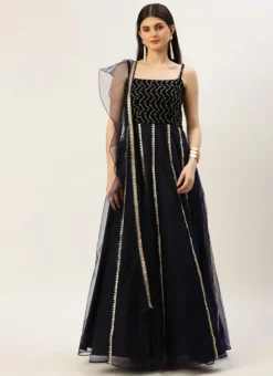 Blue Velvet Embroidered Gown With Dupatta Party Wear -Mahra Clothing Shop Blue Velvet Embroidered Gown With Dupatta IWBS02212536 u