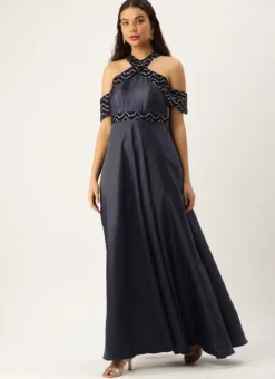 Blue Velvet Embroidered Off Shoulder Dress Festive Wear Party Wear -Mahra Clothing Shop Blue Velvet Embroidered Off Shoulder Dress DRBS02211083 u