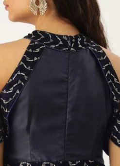 Blue Velvet Embroidered Off Shoulder Dress Festive Wear Party Wear -Mahra Clothing Shop Blue Velvet Embroidered Off Shoulder Dress DRBS02211083 rrc2