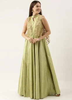 Ethnovog Pista Green Jacket Style Gown Party Wear -Mahra Clothing Shop Bollywood Vogue Custom Made Jacket Style Gown IWBV01904923 u