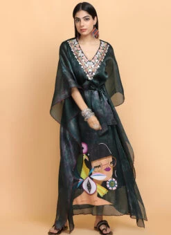Bottle Green Handpainted Kaftan Set Party Wear -Mahra Clothing Shop Bottle Green Handpainted Kaftan set KFDASCT142 u