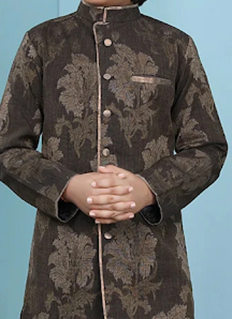 Brown Handloom Silk Classic Sherwani Wedding Wear 1 Brown Handloom Silk Classic Sherwani Wedding Wear