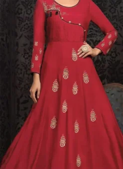 Coral Red Embroidered Anarkali Gown Party Wear