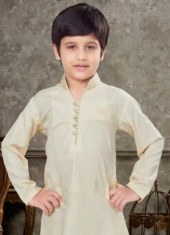 Cream Art Silk Kids Boys Kurta Pyjama Party Wear -Mahra Clothing Shop Cream Art Silk Kids Boys Kurta Pyjama KDBMSGR772 b