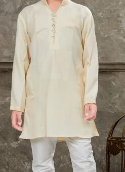 Cream Art Silk Kids Boys Kurta Pyjama Party Wear