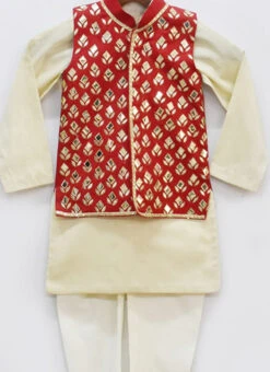 Cream Cotton Silk Mirror Embroidered Boys Bandi Set