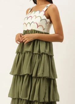 Cream Embroidered Layered Dress Party Wear