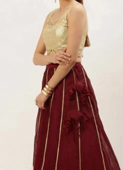 Teen Girls Cream Georgette Embroidered Maroon Kali Lehenga Festive Wear