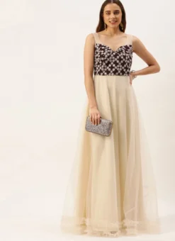 Teen Girls Cream N Wine Muslin Sequins Embroidered Gown Festive Wear -Mahra Clothing Shop Cream N Dark Wine Muslin Sequins Embroidered Gown IWBS02210986 u