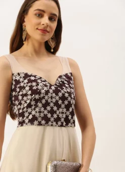 Teen Girls Cream N Wine Muslin Sequins Embroidered Gown Festive Wear -Mahra Clothing Shop Cream N Dark Wine Muslin Sequins Embroidered Gown IWBS02210986 rrc2