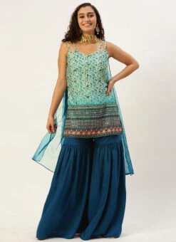 Top From Cream And Blue Chinon Printed Gharara Set After Six Wear -Mahra Clothing Shop Cream and Blue Chinon Printed Gharara Set SLBS02302373 u