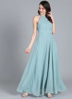 Blue Halter Neck Georgette Gown After Six Wear -Mahra Clothing Shop Custom Made Blue Halter Neck Georgette Gown IWBS01908551RTW u