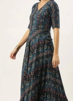 Teen Girls Dark Blue Printed Angarkha Gown Festive Wear