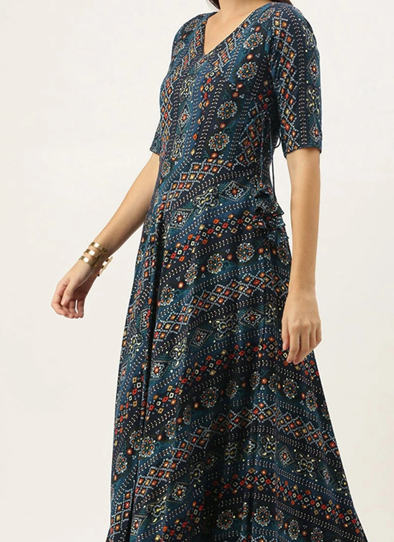 Dark Blue Printed Angarkha Gown Festive Wear 1 Dark Blue Printed Angarkha Gown Festive Wear