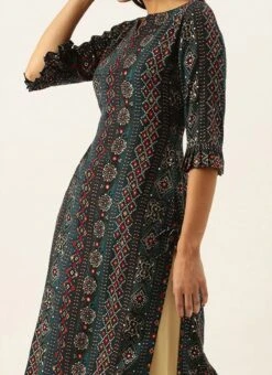 Teen Girls Dark Blue Printed Viscose N Beige Kurta Set Festive Wear