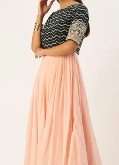 Dark Green Georgette Embroidered N Peach Gown Festive Wear