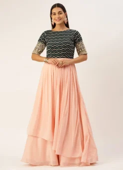 Dark Green Georgette Embroidered N Peach Gown Festive Wear -Mahra Clothing Shop Dark Green Georgette Embroidered N Peach Gown IWBS02301763 u