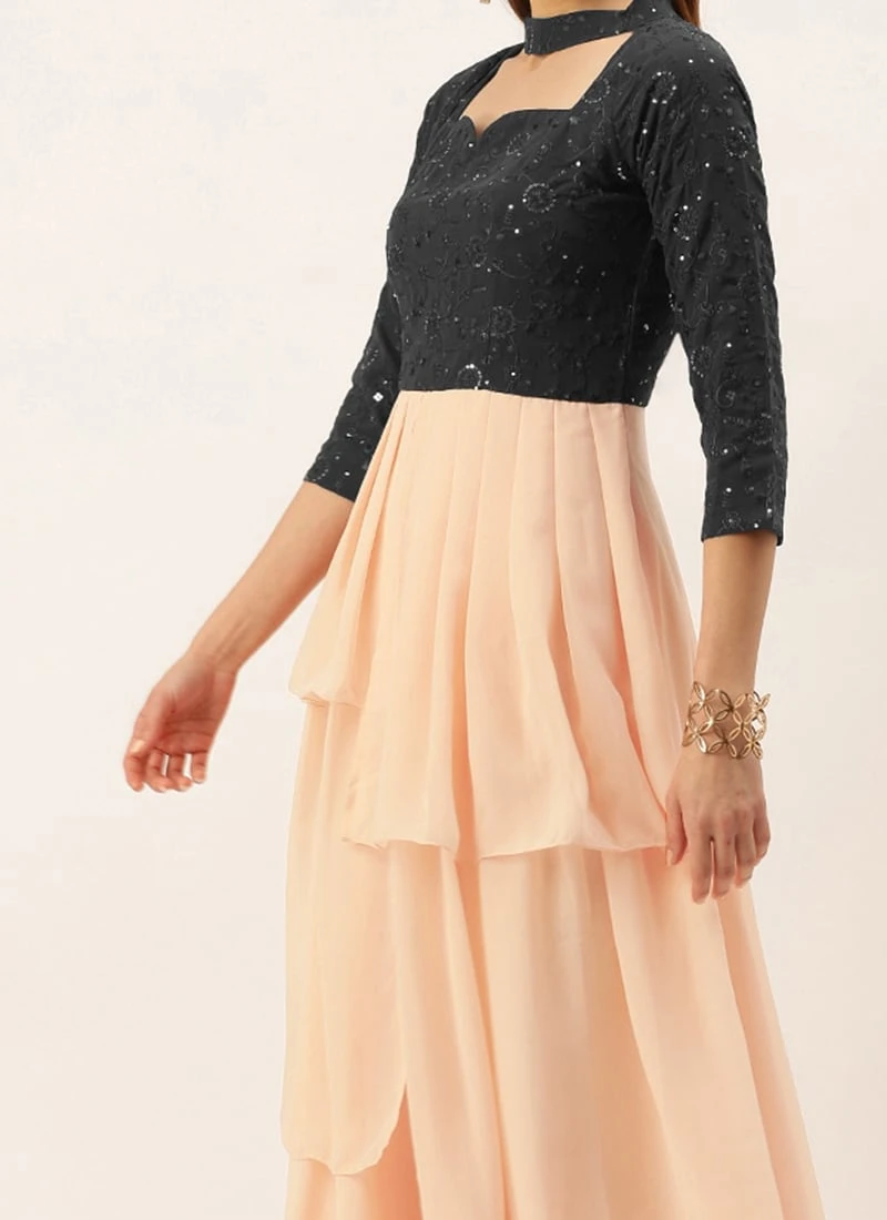 Teen Girls Dark Grey Georgette N Peach Pleated Gown Festive Wear 1 Teen Girls Dark Grey Georgette N Peach Pleated Gown Festive Wear