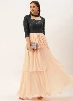 Teen Girls Dark Grey Georgette N Peach Pleated Gown Festive Wear 6 Teen Girls Dark Grey Georgette N Peach Pleated Gown Festive Wear -Mahra Clothing Shop Dark Grey Georgette N Peach Pleated Gown IWBS02210980 u