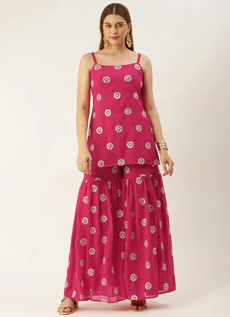 Bottom From Dark Pink Georgette Embroidered Gharara Set After Six Wear 3 Bottom From Dark Pink Georgette Embroidered Gharara Set After Six Wear - Image 3