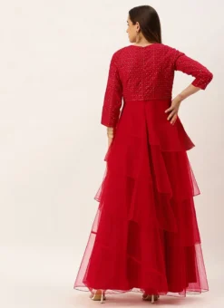 Dark Red Georgette Embroidered Layered Gown Party Wear -Mahra Clothing Shop Dark Red Georgette Embroidered Layered Gown IWBS02210984 b