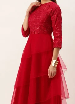 Dark Red Georgette Embroidered Layered Gown Party Wear