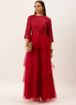 Dark Red Georgette Embroidered Layered Gown Party Wear -Mahra Clothing Shop Dark Red Georgette Embroidered Layered Gown IWBS02210984 u