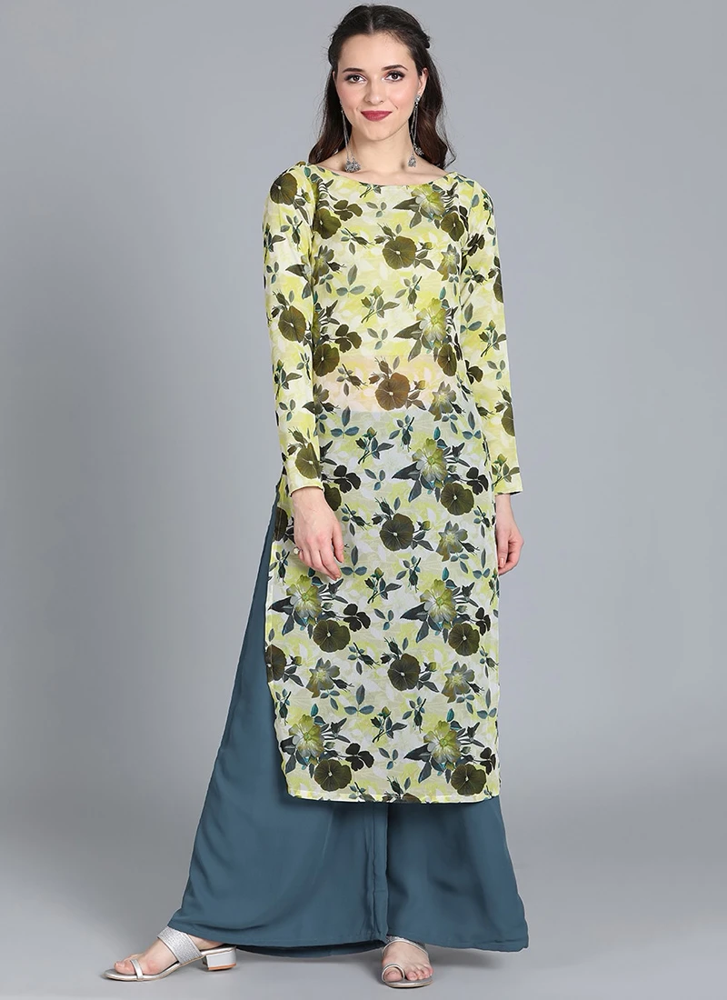 Digital Print Yellow Palazzo Kurta Set Party Wear 3 Digital Print Yellow Palazzo Kurta Set Party Wear - Image 3