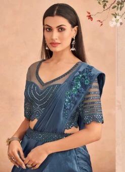Dusty Blue Chinon Silk Ready Pleated Saree Party Wear -Mahra Clothing Shop Dusty Blue Chinon Silk Ready Pleated Saree SASKA36357301B b