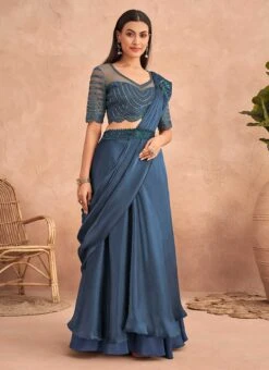 Dusty Blue Chinon Silk Ready Pleated Saree Party Wear -Mahra Clothing Shop Dusty Blue Chinon Silk Ready Pleated Saree SASKA36357301B u