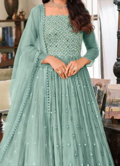 Dusty Blue Georgette Mirror Embroidery Anarkali Suit Party Wear