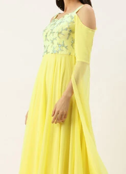Teen Girls Dusty Blue Net N Yellow Cape Style Sleeve Gown Party Wear