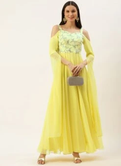 Teen Girls Dusty Blue Net N Yellow Cape Style Sleeve Gown Party Wear -Mahra Clothing Shop Dusty Blue Net N yellow Cape Style Sleeve Gown IWBS02204826 u