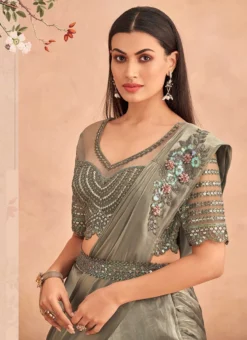 Dusty Green Chinon Silk Ready Pleated Saree Party Wear -Mahra Clothing Shop Dusty Green Chinon Silk Ready Pleated Saree SASKA36357301A b